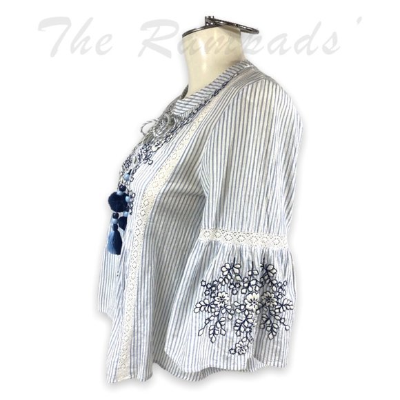 Zara Beaded Striped Embroidered Loose Sleeve Blouse with Tassel Detail S… - Picture 2 of 11